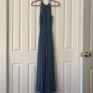 David’s Bridal soft mesh halter bridesmaids dress with slim sash in steel blue